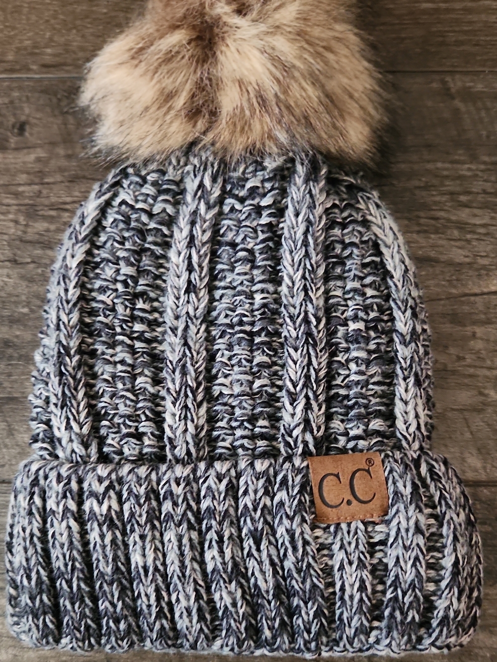 C.C Thick Cable Knit Faux Fuzzy Fur Pom Fleece Lined Skull Cap Cuff Beanie